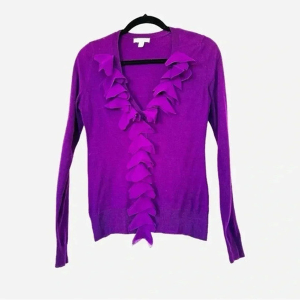 New York & Company button down cardigan with ruffles v-neck deep purple XSmall